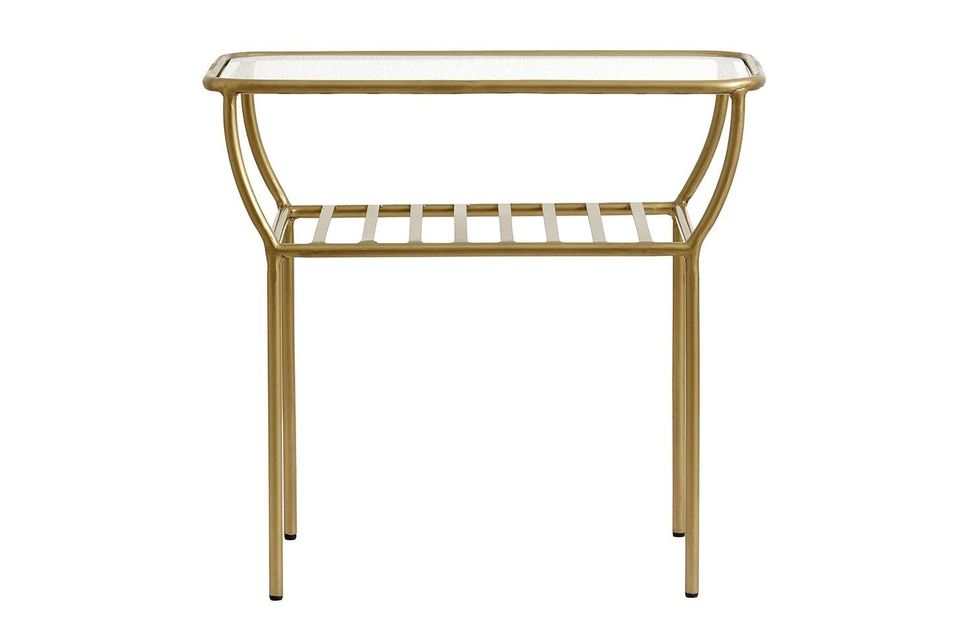 Dieser hübsche kleine Tisch ist aus goldlackiertem Eisen und Glas gefertigt