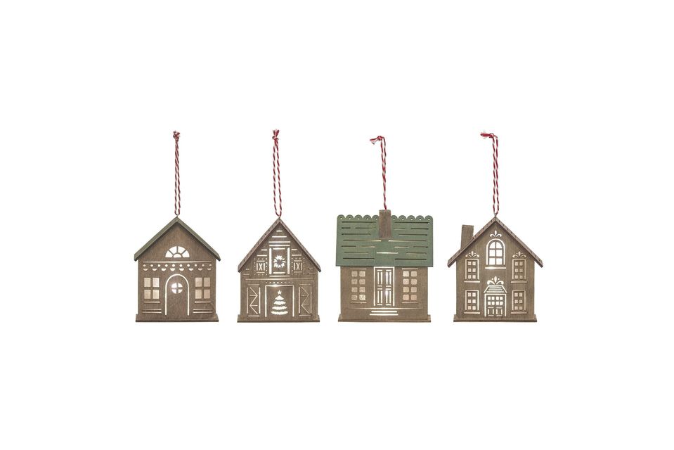 4 Mini-Weihnachtsdekorationen, die wie kleine Häuser gestaltet sind