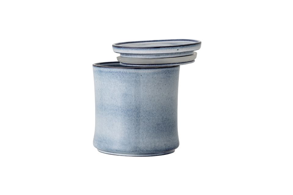Ein Topf aus Steingut mit einer schönen blauen Glasur und einem Deckel mit hochwertigem Silikonband